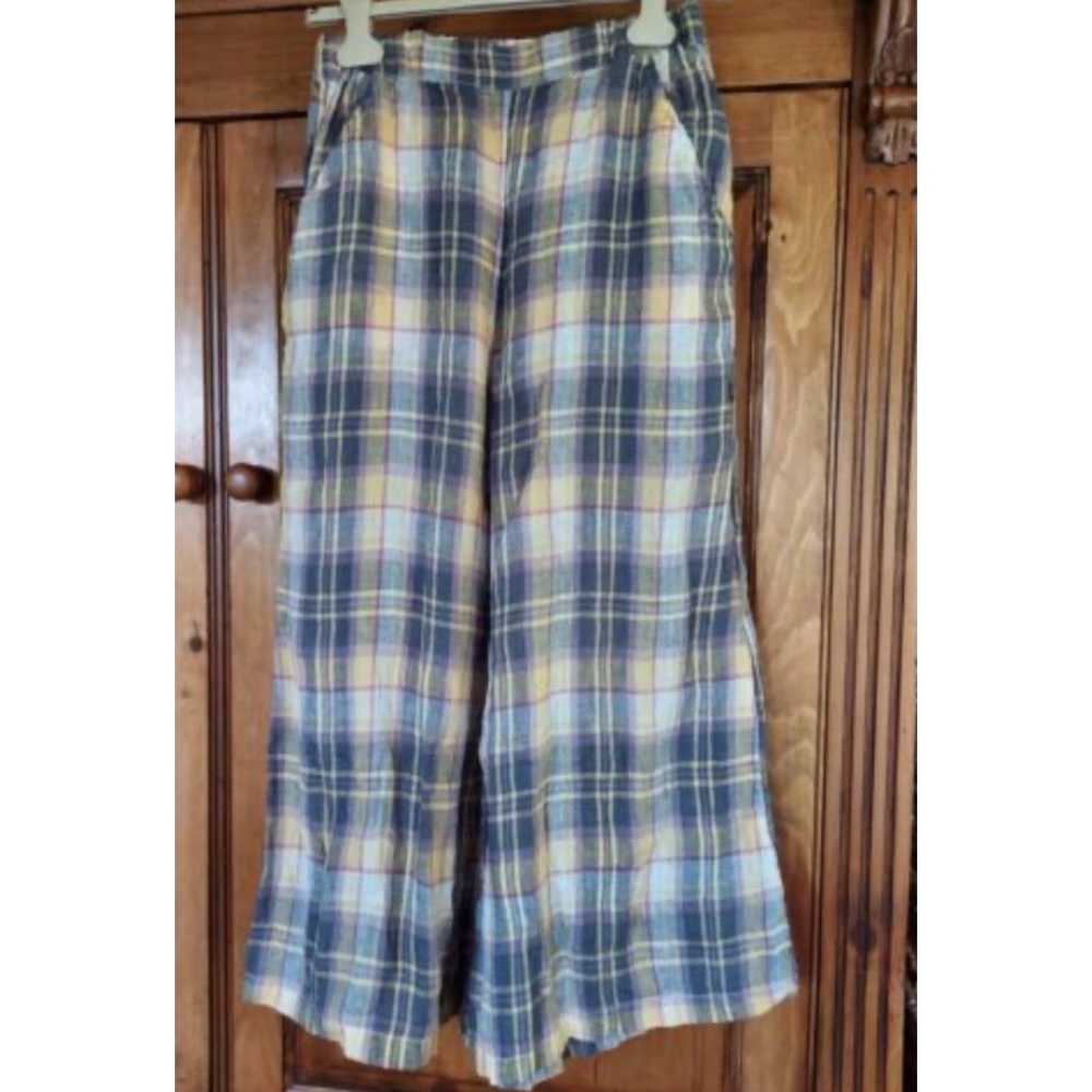 CP Shades Linen Wendy Crop Pant - Aqua Plaid - Large